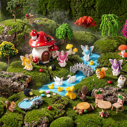 Poen 70 Pcs Fairy Garden Accessories Mini Garden Kit Miniature Fairy Figurines Landscape Decor with Mini Bridge Pond Mountain House Figurines Swan Ladybug Butterfly Figures Bulk for Dollhouse Craft