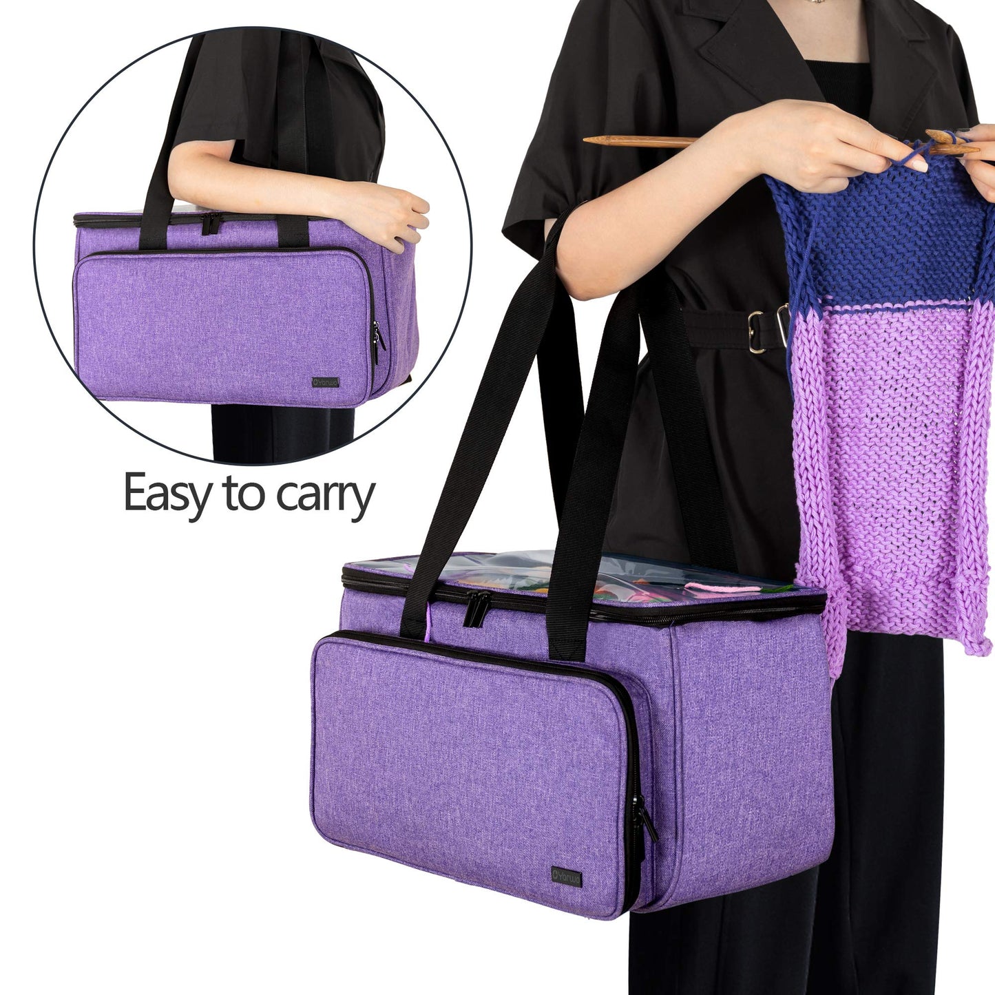 Yarwo Knitting Yarn Bag, Crochet Tote with Pocket for WIP projects, Knitting Needles(Up to 14”) and Skeins of Yarn, Christmas & New Beginnings Gifts for Women, Purple (Bag Only)