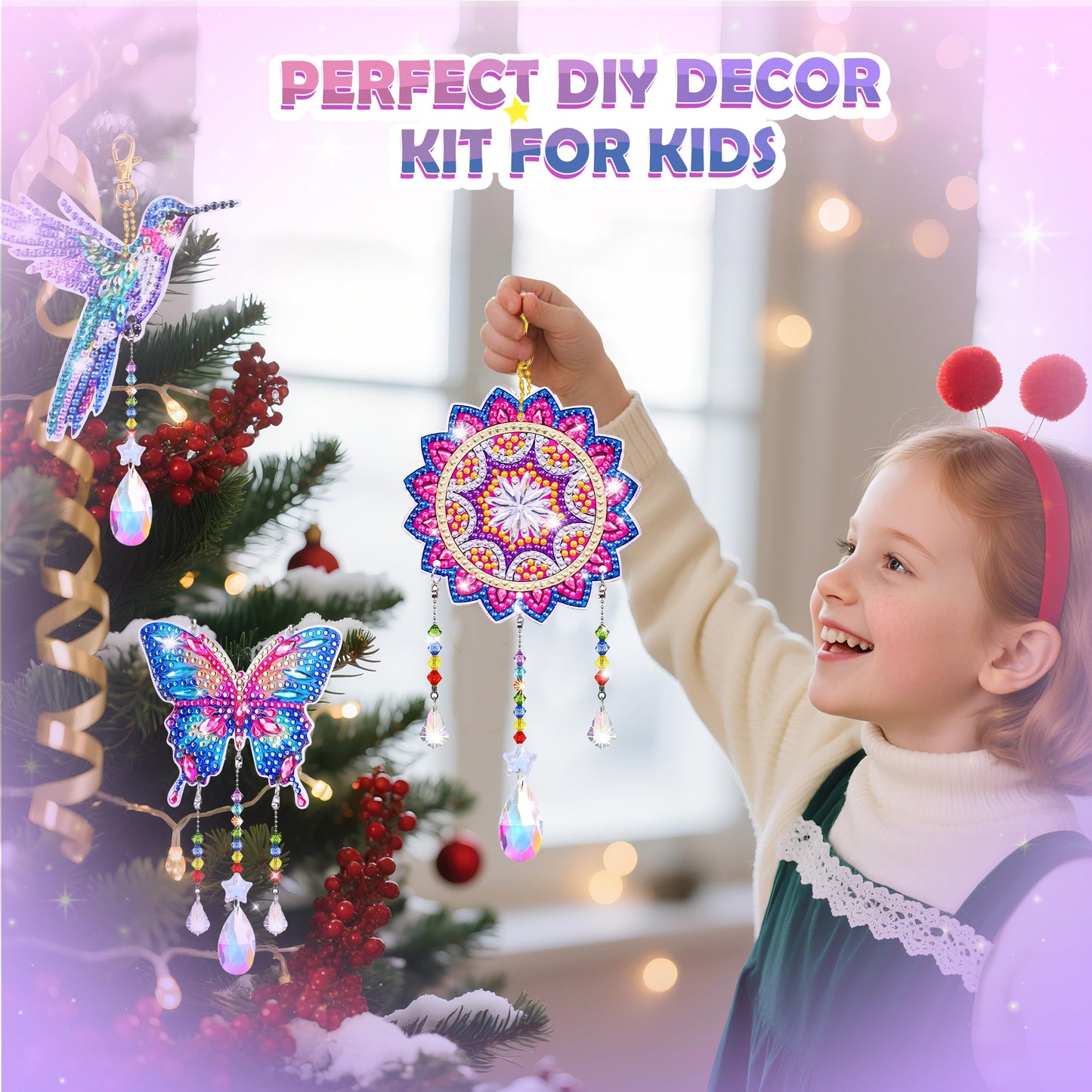 Crafts for Girls 8-12, Diamond Art Kits for Girls Ages 10-12, 3 PCS Diamond Art, DIY Suncatchers & Wind Chime Kits for Kids, Great Arts & Crafts Birthday Gift, Pretty Home/Garden/Backpack décor