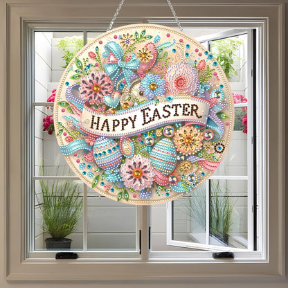 JJFox Diamond Art Hanging Kit for Adult,Special Shaped Rhinestone,Double Sided DIY Acrylic 5D Diamond Art Painting Window Pendants Home Garden Wall Hanging Kits Hanging Ornament (Happy Easter)