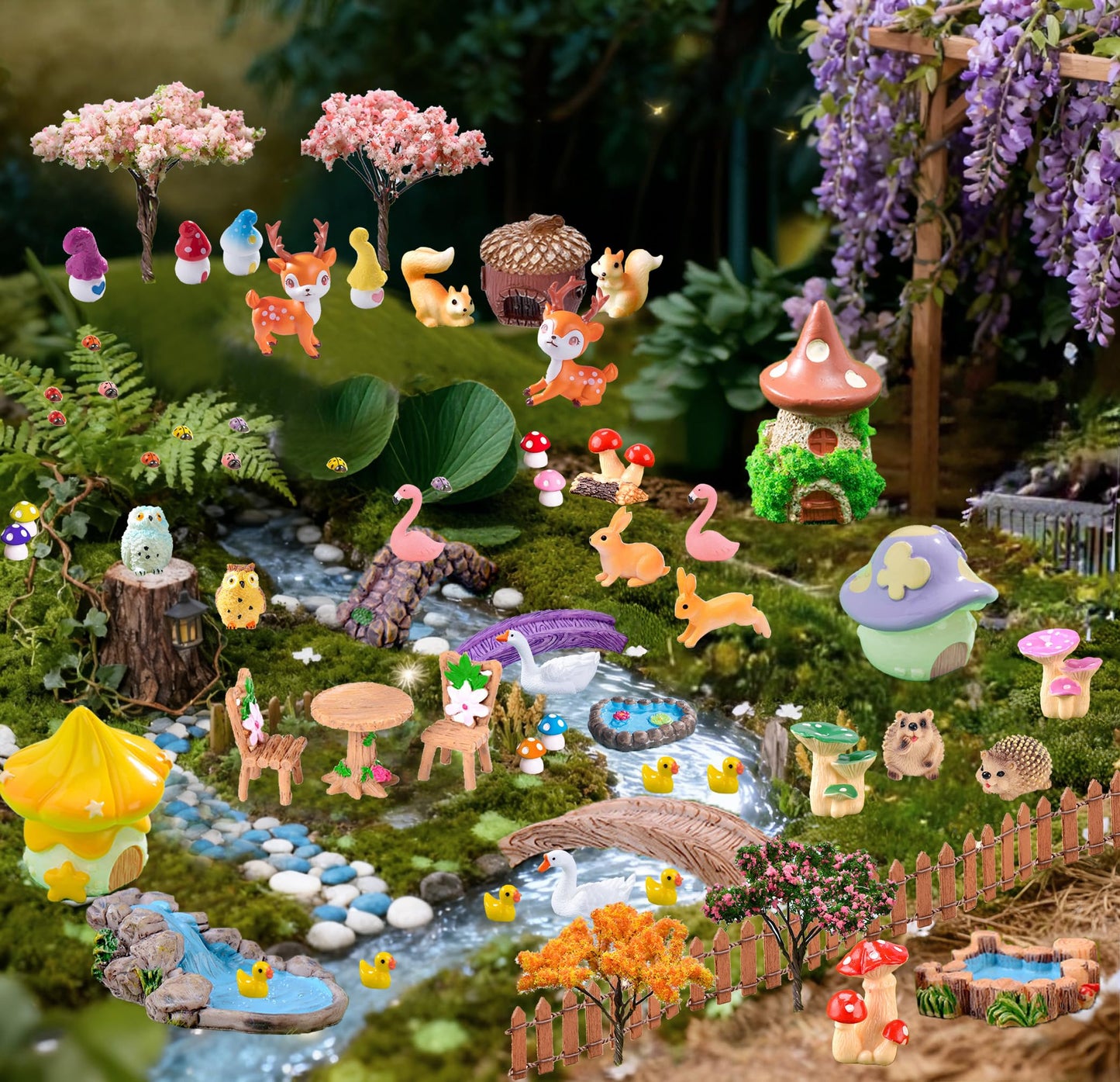 Photour 65 Pcs Fairy Garden Accessories Cute Fairy Garden Kit with Resin Fairy House Mini Bunny Squirrel Owl Mushroom for DIY Micro Landscape Dollhouse Succulent Craft