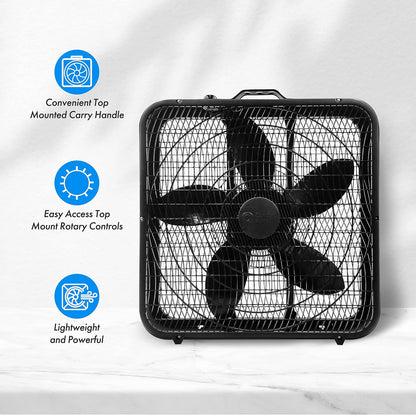Comfort Zone 20 Inch Box Fan - 3 Speed Full-Force Air Circulation with Carry Handle, Ideal for Home