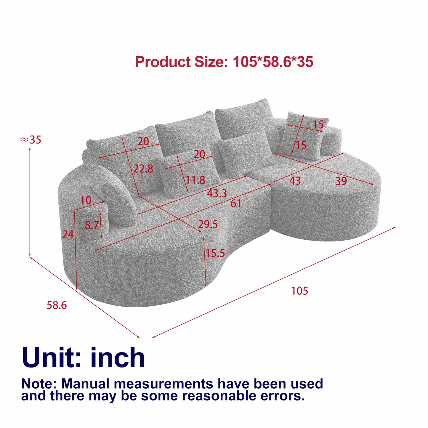 KEIKI 105" Chenille Corner Sofa with Chaise, Curved Sectional Couch, L Shaped Deep Seat Sectional Couch for Living Room, Bedroom, Beige