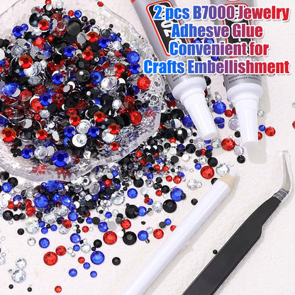 RODAKY Blue Red Rhinestone Flatback Resin Gems Mixed Size Resin Rhinestones for Bedazzling 4th of July Crystal Jewels Clear Black Gem Beads for Crafting Design Face Makeup Clothing