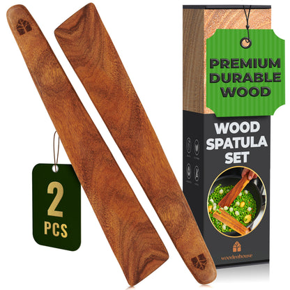 Wooden Spatula for Cooking Set of 2-12 Inch Teak Spatula for Non Stick Frying Pan - Turner & Flipper for Cast Iron, Egg & Pancake Scraper - BPA Free & Heat Resistant Wooden Cooking Utensils