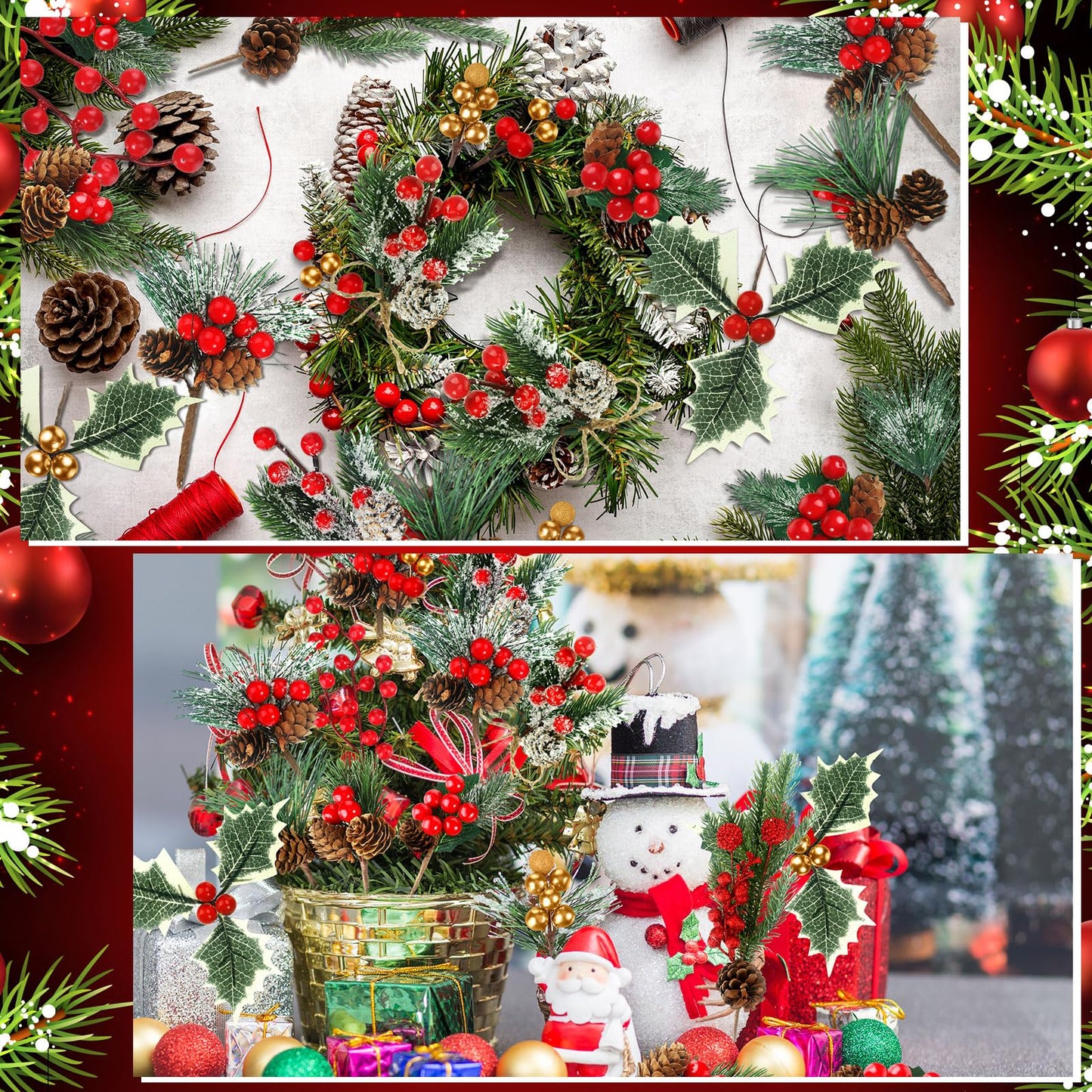Riceshoot 42 Pcs Christmas Picks with Pine Cones Holly Berry Artificial Red Berries Stems Pine Branches Small Christmas Berry Picks for Crafts Wreath Garland Decoration
