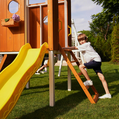 Avenlur Modern Outdoor Backyard Swing Set Children's Rock Climbing Wood Playground Playset 2 Belt Swings, Clubhouse Fort, Windows, Ladder, Wavy Slide Toddlers, Kids Climbers Play Adventure Rock 3-11yr