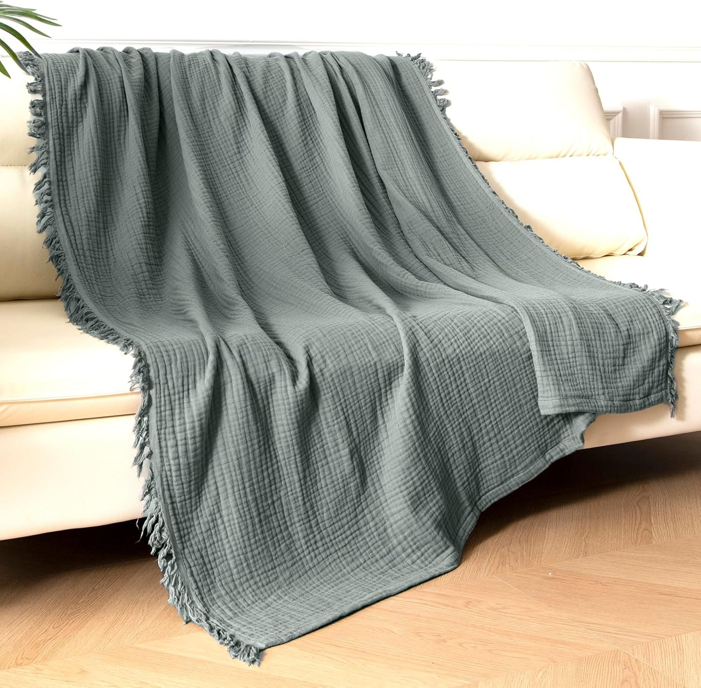 KyraHome 100% Organic Cotton 50"x60" Muslin Blanket for Adults, Couch, Pre-Washed Plant Dyed (Sage Green)