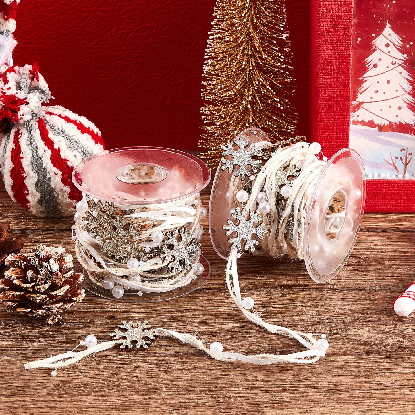 Taiyin 2 Rolls Snowflake Christmas Beads Ribbon 5.5 Yards Christmas Tree Trim Rope White Bead Pearl Ribbon Xmas Decoration for Gift Wrapping, Wreath, Garland, DIY Crafts Ornaments, Wedding Party Decor