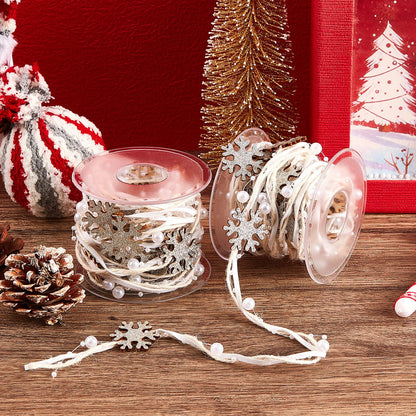 Taiyin 2 Rolls Snowflake Christmas Beads Ribbon 5.5 Yards Christmas Tree Trim Rope White Bead Pearl Ribbon Xmas Decoration for Gift Wrapping, Wreath, Garland, DIY Crafts Ornaments, Wedding Party Decor