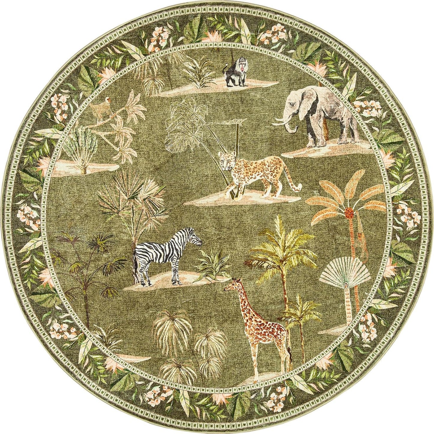 jinchan 5ft 5' Round Rug Green Jungle Animals Print, Machine Washable Circle Modern Soft Non-Slip Forest Plant Throw