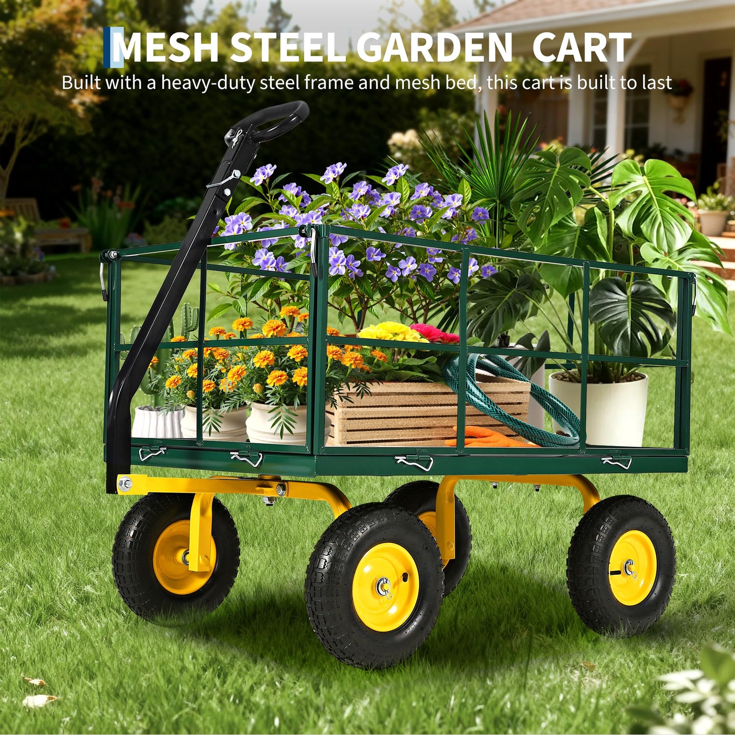 Heavy Duty 1500 Lbs Mesh Steel Garden Cart, Folding Utility Wagon with Removable Sides & All-Terrain Wheels, 3-in-1 ATV Trailer for Garden, Lawn and Farm Hauling