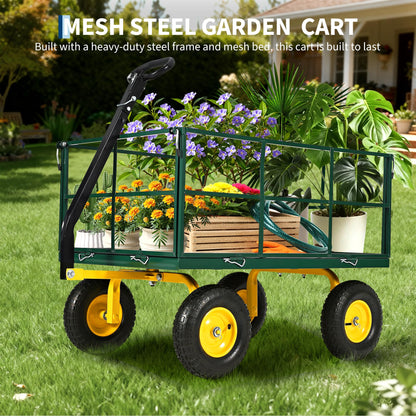 Heavy Duty 1500 Lbs Mesh Steel Garden Cart, Folding Utility Wagon with Removable Sides & All-Terrain Wheels, 3-in-1 ATV Trailer for Garden, Lawn and Farm Hauling