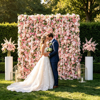 5D Realistic Rose Flower Wall Backdrop, 8×8FT Reusable Flower Wall Panel, Easy to Install & Store, Ideal for Wedding, Birthday Party & Home Decoration, Pink, Without Stand