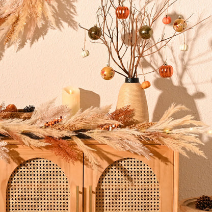 DecorbyHannah Fall Garland for Mantle with Lights, 6ft Pre-Lit Light Up Artificial Faux Pampas Grass Garland with Pine Branch Berry Thanksgiving Decor for Indoor Home Table Mantle Decoration