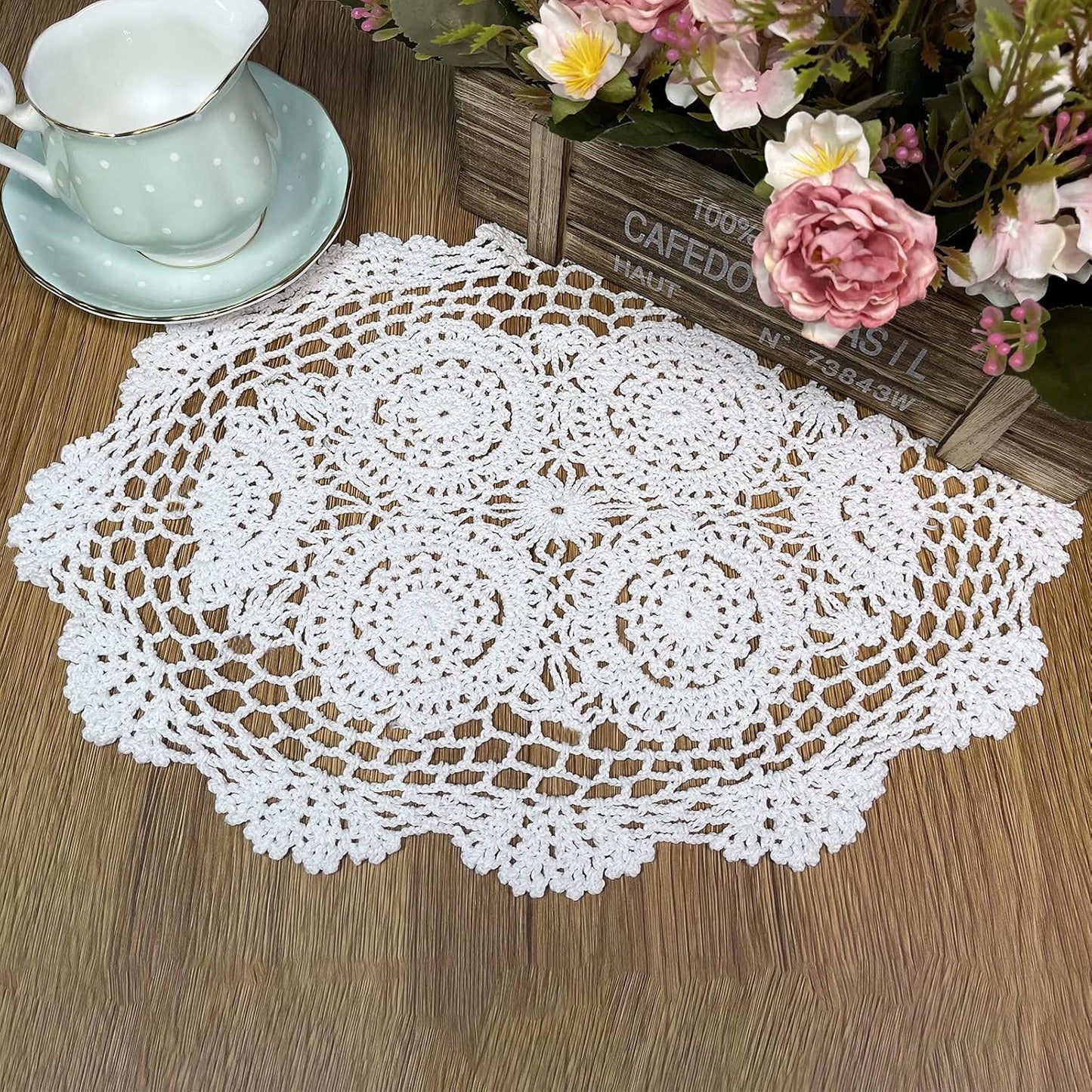 Phantomon Handmade Crochet Cotton Lace Placemats, Pack of 4 Oval Shape Doilies, White, 12 x 17 inch