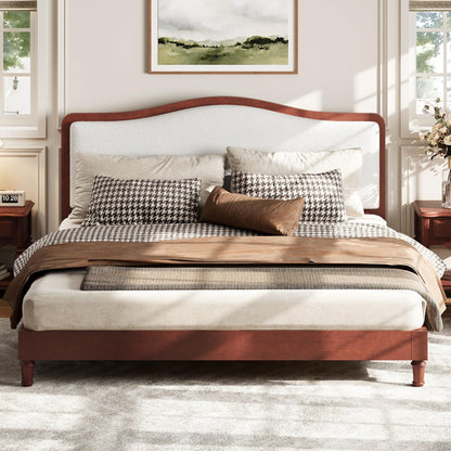 Merax King Size Upholstered Platform Bed Frame with Curved Headboard, Espresso Wood Frame & White Fabric, Noise-Free, Strong Slat Support, No Box Spring Needed, Easy Assembly