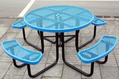 Sunnibety 8-Person Picnic Tables for Outdoors, Industrial 46" Expanded Metal Round Picnic Table with 4 Benches & Umbrella Hole, Outside Table and Bench Set for Park, Garden, Backyard, Patio, Blue