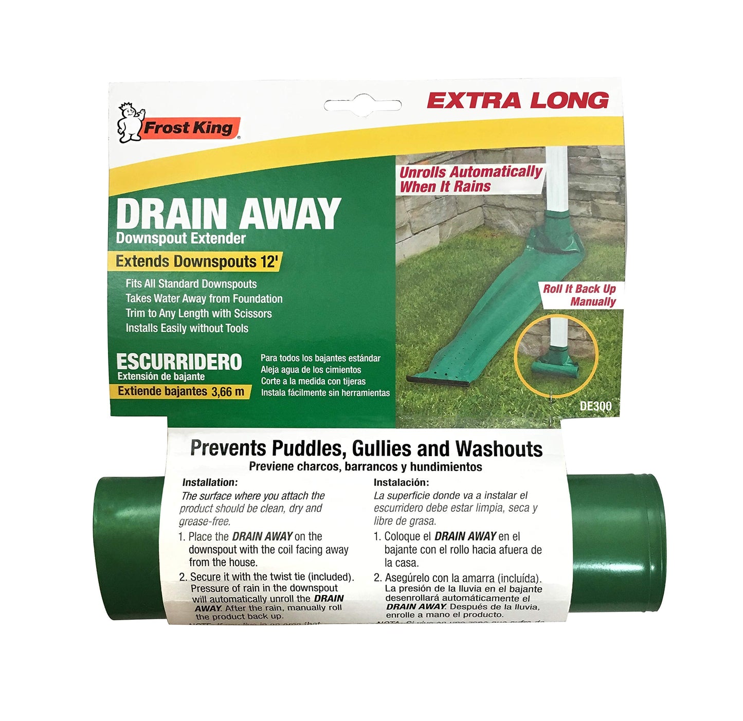 Frost King DE300 Standard Plastic Drain Away Downspout Extender, Extends 12-Feet, Green