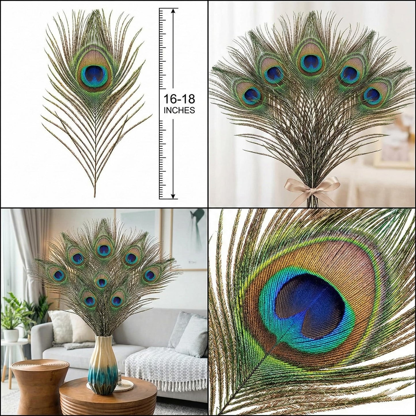 Lamar Peacock Feathers Bulk 16-18 Inch 40 Pcs Long Feathers with Large Eyes – Ultimate Bundle for Tall Vases, Wedding Centerpieces, Home Decor, Costumes, and DIY Crafts