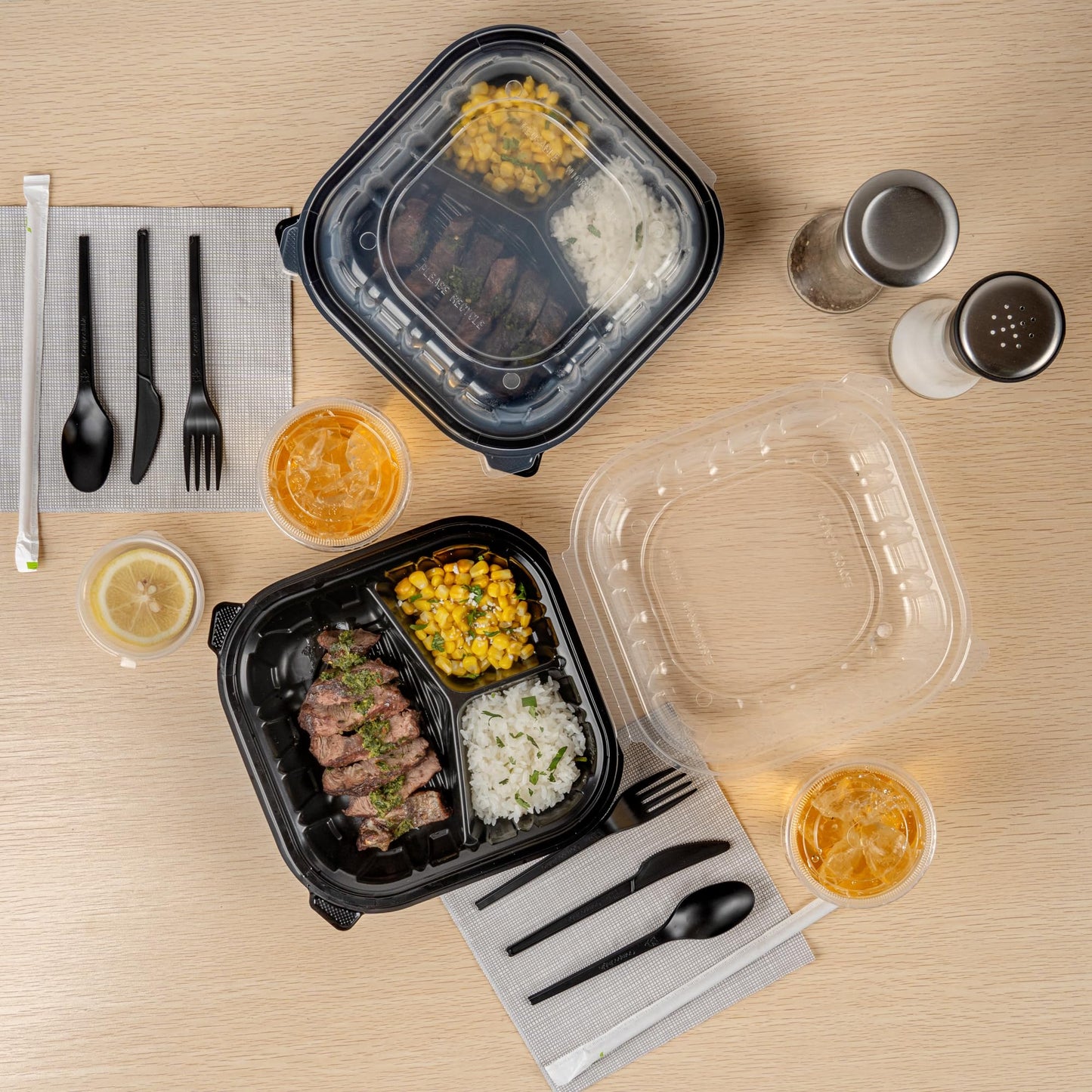 Thermo Tek 40 Ounce Clamshell Containers, 100 Disposable Take Out Boxes - 3 Compartments, Ventilated Lids, Black Plastic Meal Prep Containers, Microwavable, For Pasta Or Salads - Restaurantware