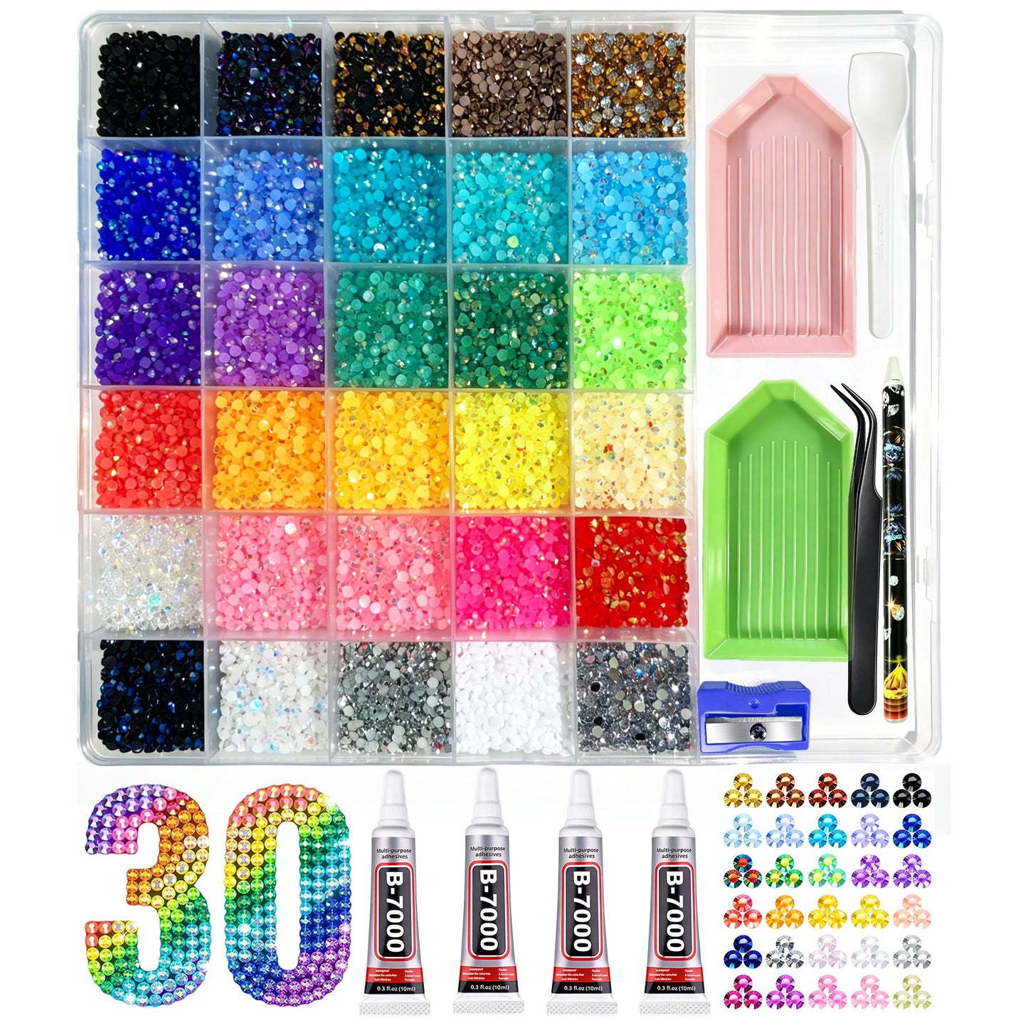 Resin Jelly Rhinestones for Bedazzling 30 Colors 36000 Pcs 3mm Flatback Gems Bedazzling Kit with 4Pcs 10ml B7000 Glue, Bedazzler Kit with Rhinestones for Nail Art Crafting Makeup Diamond Art