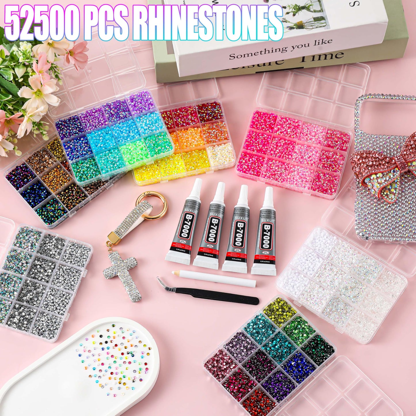 LERBOU 52500Pcs Bedazzling Kit with 7 Box – 59 Colors Rhinestones, 3mm Flatback Sparkling Gems with 4×10ml B7000 Jewelry Glue, Tweezers & Pickup Pen for Nail Art, Crafts, Clothing, Diamond Painting