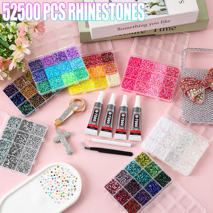 LERBOU 52500Pcs Bedazzling Kit with 7 Box – 59 Colors Rhinestones, 3mm Flatback Sparkling Gems with 4×10ml B7000 Jewelry Glue, Tweezers & Pickup Pen for Nail Art, Crafts, Clothing, Diamond Painting