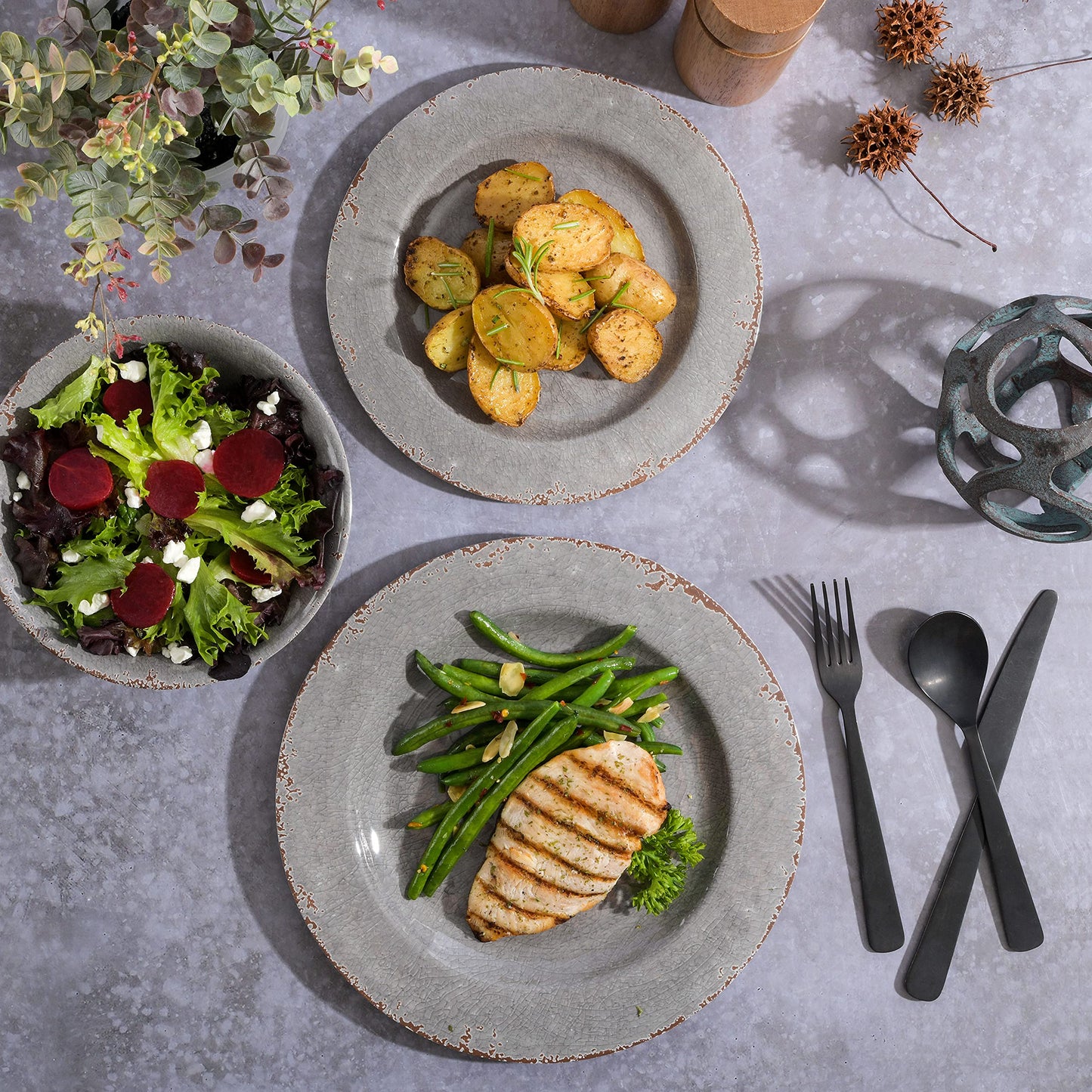 Gibson Home Mauna Melamine Plastic Dinnerware Set, Service for 4 (12pcs), Grey Rustic