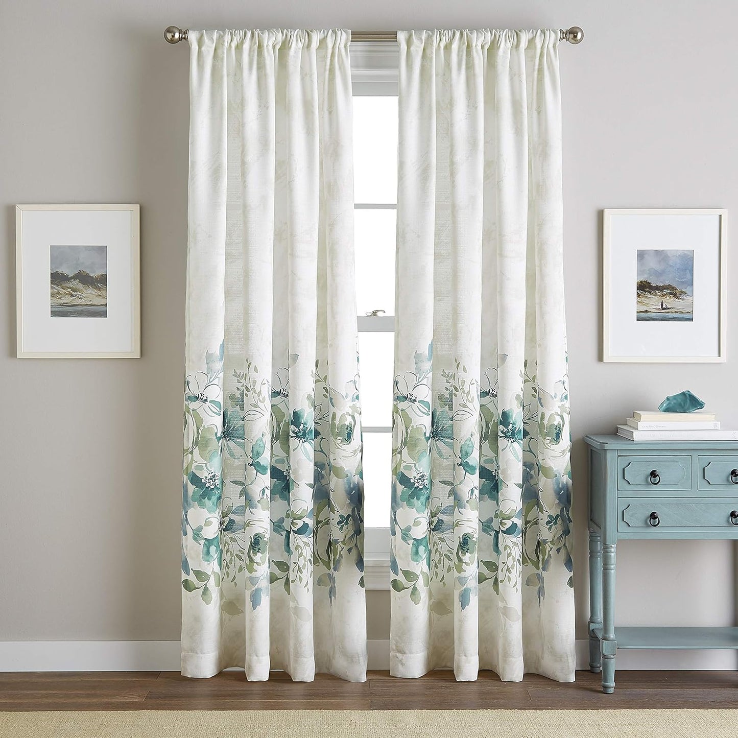 CHF Watercolor Floral Curtain Panel, 84", Aqua