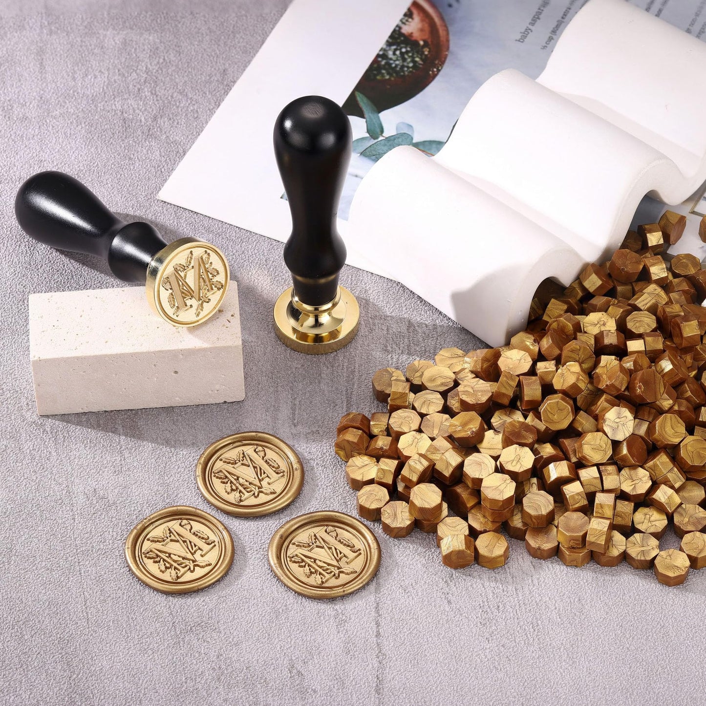 Yoption Traditional Initial Alphabet Wax Seal Stamp with 120 Antique Gold Wax Seal Beads Kit for Wedding Engagement Party Invitation Envelope Christmas Gift Wrap - Letter M