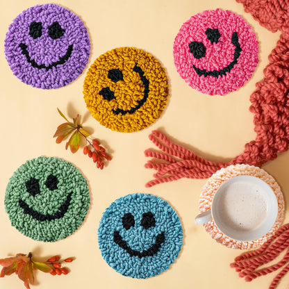 FoszaSzept Smile Punch Needle Coaster Kit, 22Pcs Embroidery Needle Coasters Crafts for Beginners, Easy DIY Mug Tufted Making Set with 6 Patterns Hoop Self Adhesive Felt Cloth Threading Device Gifts