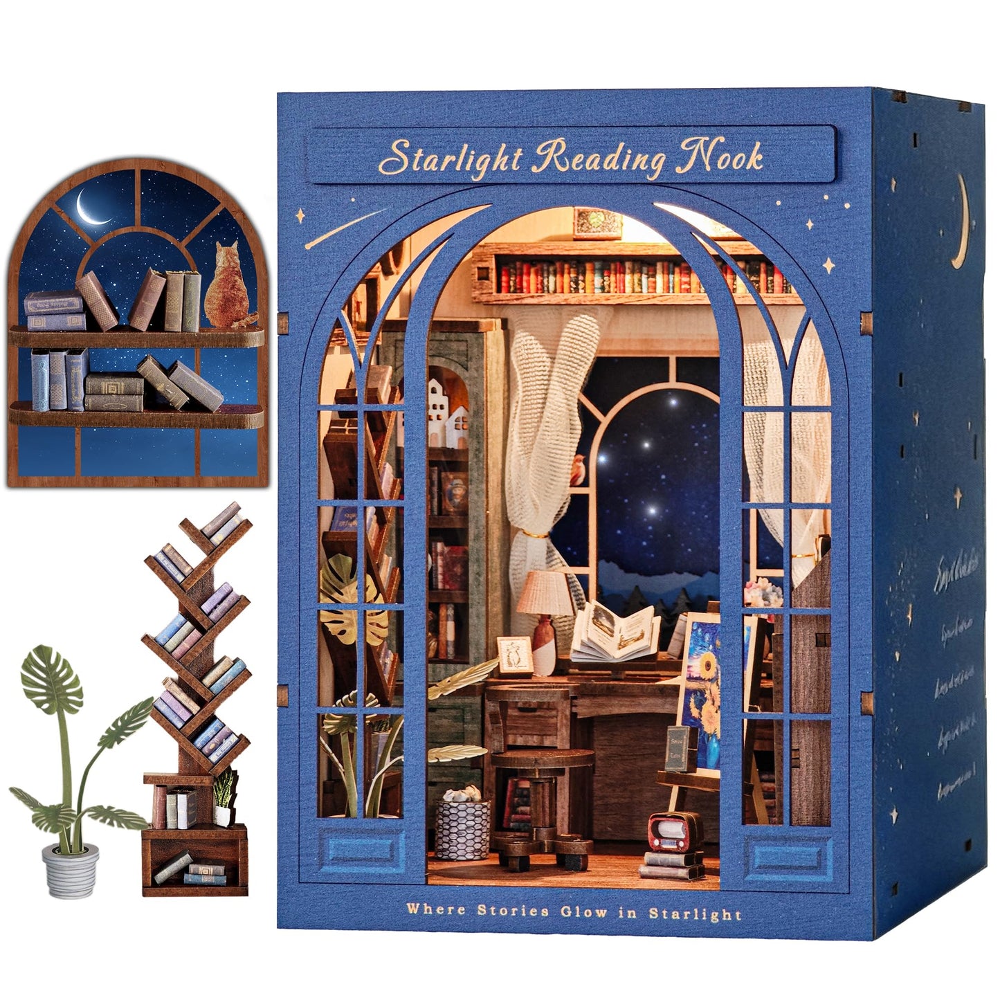 Dolphin Island DIY Book Nook Kit for Adults, 3D Wooden Puzzle Booknook Miniature House Kit (Starlight Reading Nook)