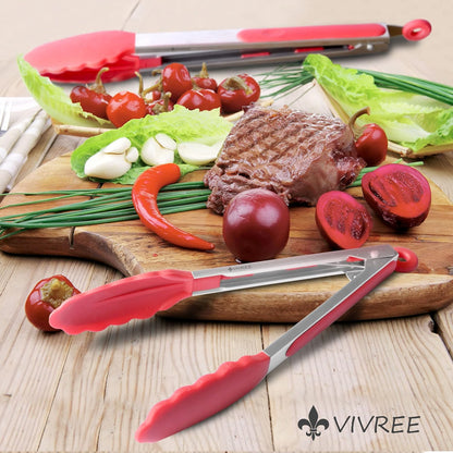 MEKBOK Kitchen Tongs Set - Stainless Steel Salad & Grill Tongs with Silicone Tips, 9" & 12" (Red)