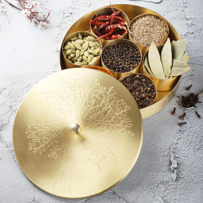8 Inch 7 1 Ajuny Handcrafted Brass Spice Box Golden with Embossed Lid - Decorative Round Masala Canister Removable