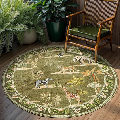 jinchan 5ft 5' Round Rug Green Jungle Animals Print, Machine Washable Circle Modern Soft Non-Slip Forest Plant Throw