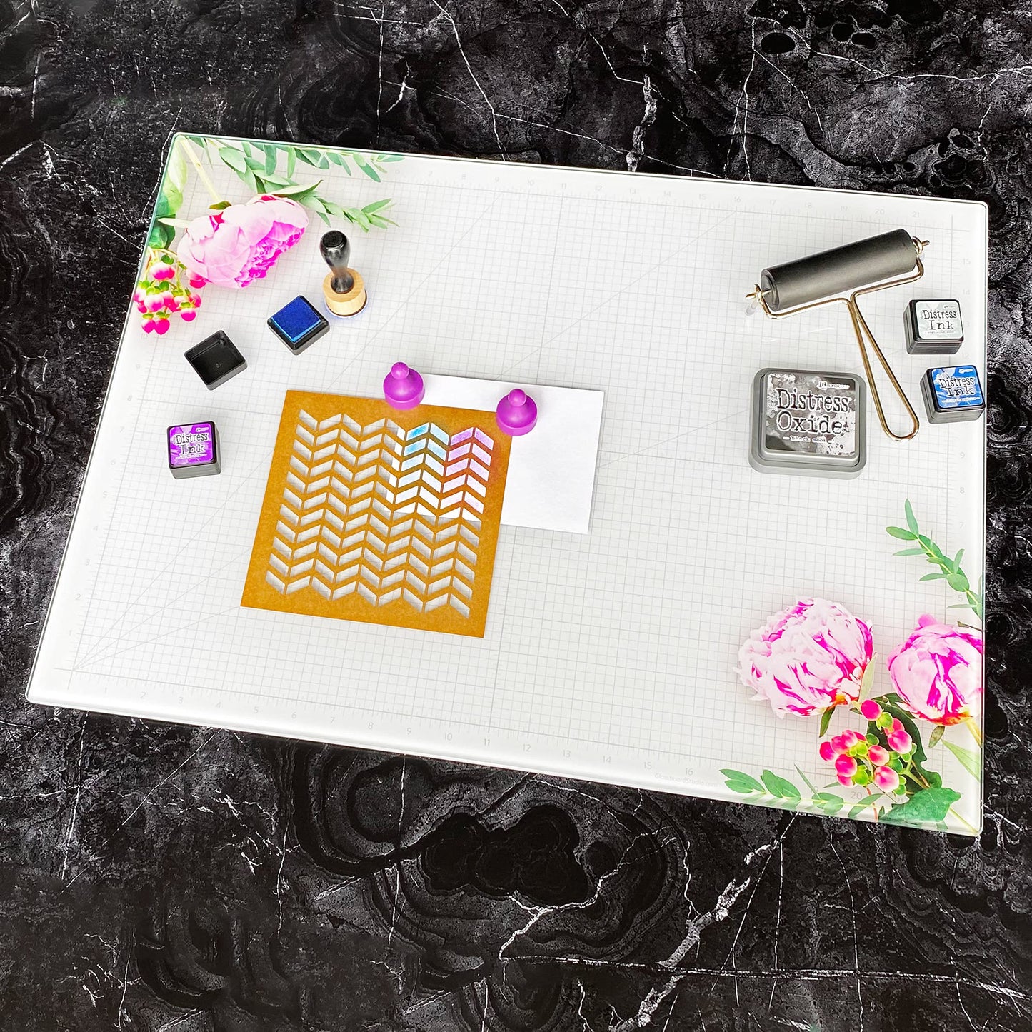 GLASSBOARD STUDIO Glass Craft Mat - Magnetic, Heat & Scratch Resistant - For Crafting, Cutting, Painting, Mixed Media Artwork - Grid Lines, Non-Slip Rubber Feet (Floral 24"L x 36"W)
