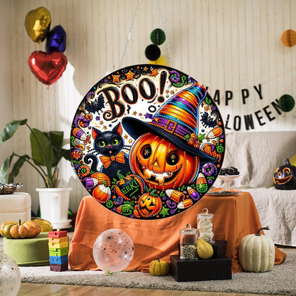 DIY Halloween Acrylic Diamond Art Painting Wreath Kits Special Shaped Rhinestone 5D Diamond Art Window Pendants Home Garden Wall Hanging Kits Hanging Ornament (Pumpkin and Cat)