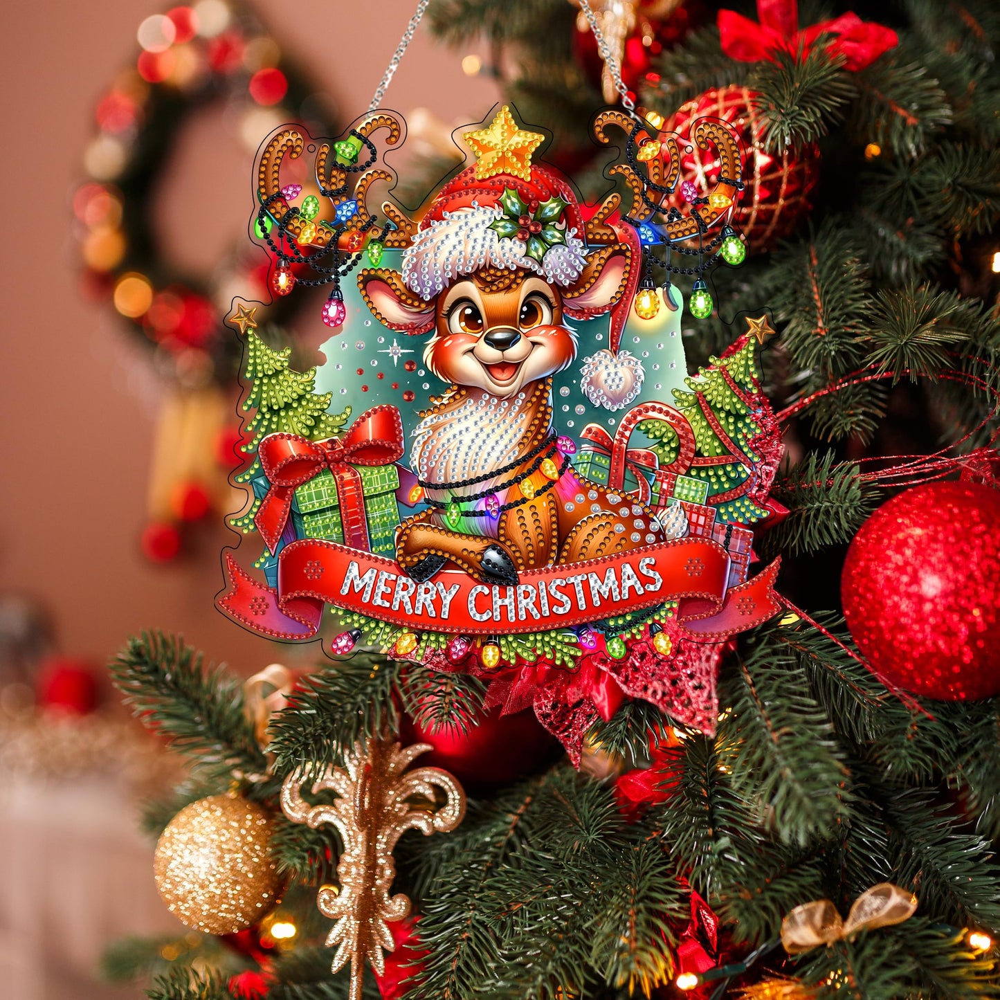 DIY Acrylic Diamond Art Painting Wreath Kits Special Shaped Rhinestone 5D Diamond Art Window Pendants Home Garden Wall Hanging Kits Hanging Ornament (Merry Christmas)