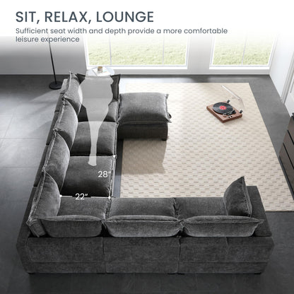 Merax Modern Oversized U-Shaped Sectional Sofa with Piollows & Chaise Lounge, Chenille 7-Seat Couch Set Sleeper Bed with Storage Ottoman for Living Room Gray