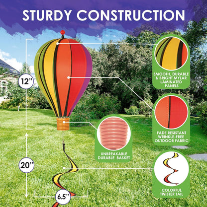 Hot Air Balloon Hanging Garden Spinner, 12", Vibrant Rainbow Design, Weather-Resistant Outdoor Decor