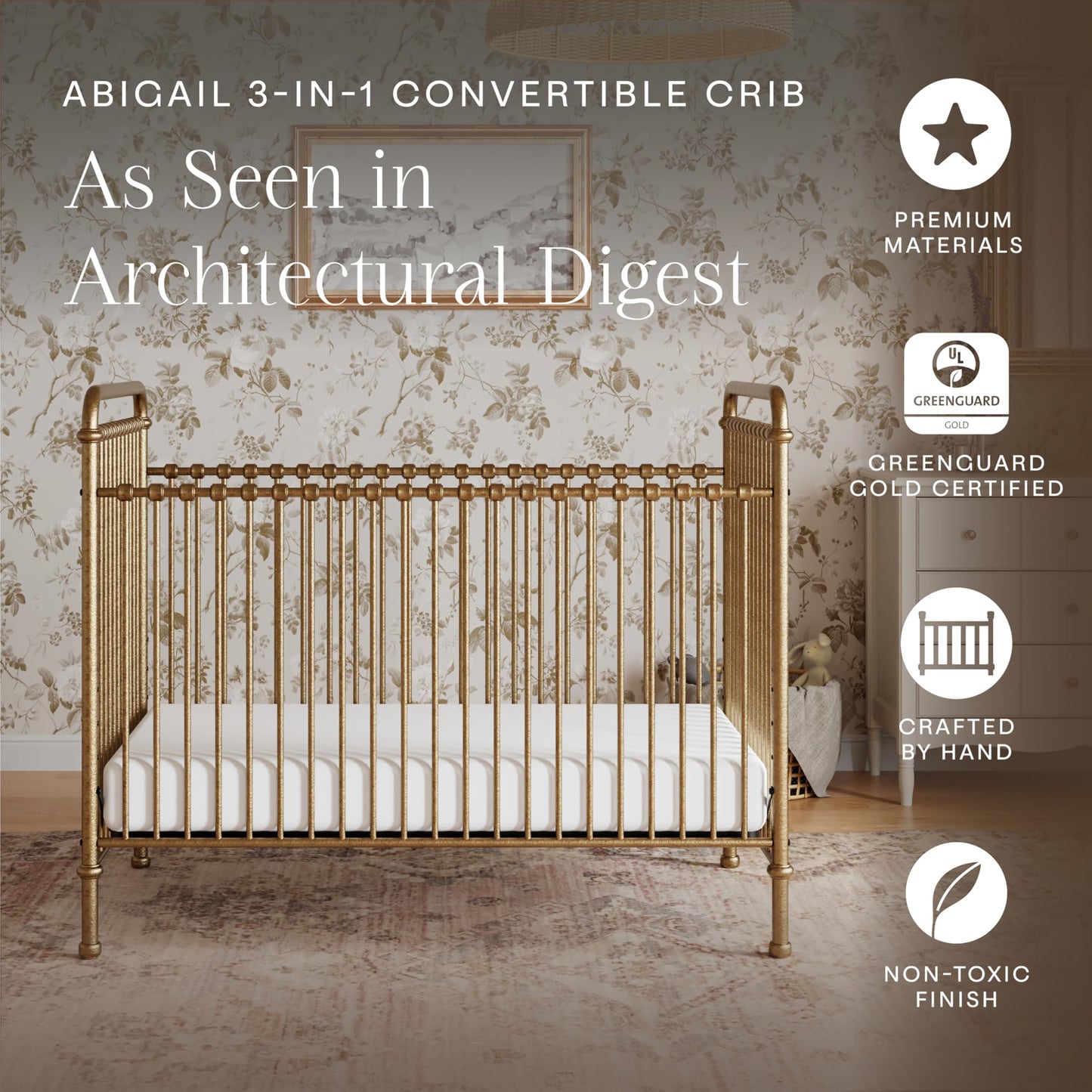 Namesake Abigail 3-in-1 Convertible Baby Crib (Gold) - GREENGUARD Gold Certified - Convertible Crib to Toddler Bed and Daybed - Baby Bed w/ 4 Adjustable Heights - Vintage Baby Crib Convertible