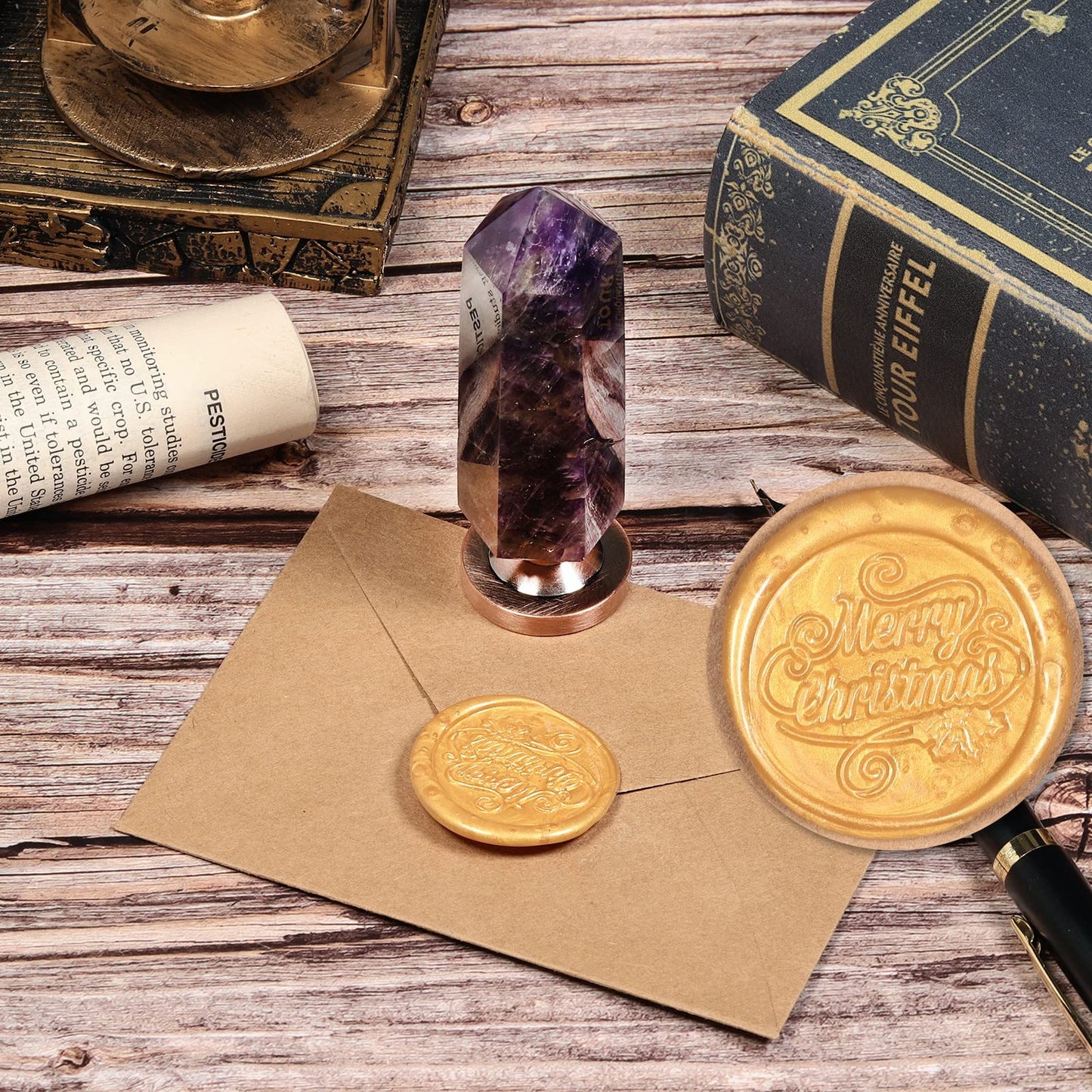 Cheungshing Amethyst Crystal Hexagon Prism Wax Seal Stamp, Detachable Vintage Copper Seals for Invitation Cards for Christmas Halloween Thanksgiving Gift, Merry Christmas Pattern