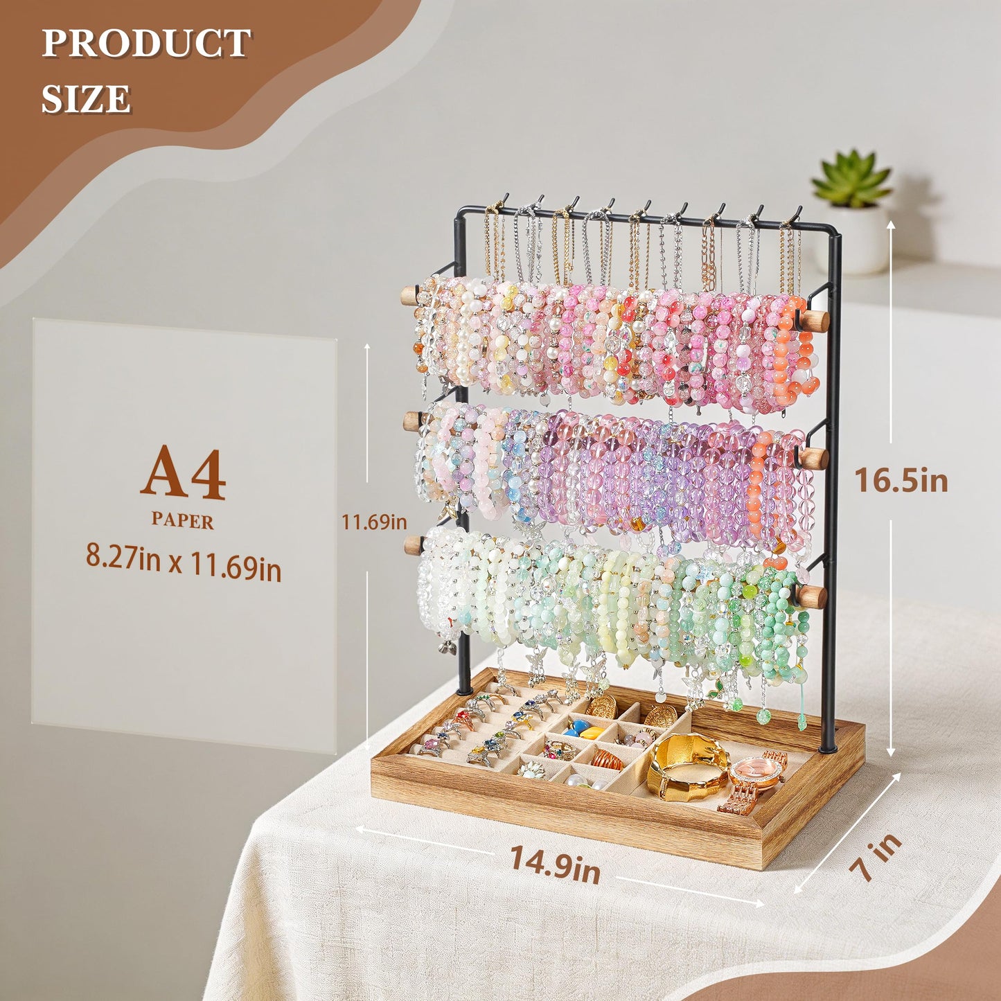 Emfogo Jewelry Organizer Stand, 5 Layer Wood & Metal Bracelet Holder with Necklace Holder Pole, Large Capacity Jewelry Display Holder for Bracelets Necklaces Rings Watches Scrunchies (Rustic Brown)