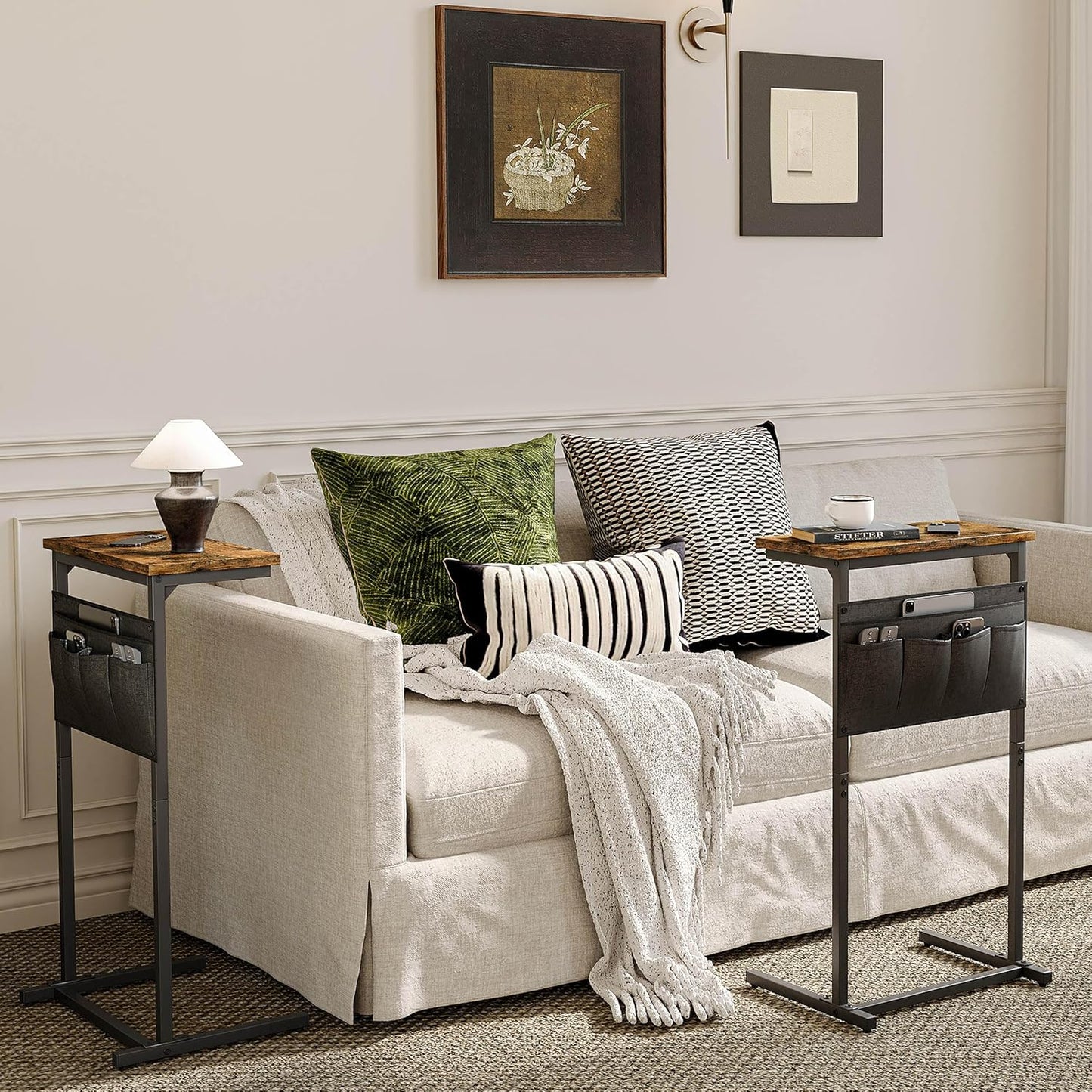LET501R C Shaped End Table, Side Table for Sofa, Small TV Tray, Couch Table with Storage Bag for Small Space, Living