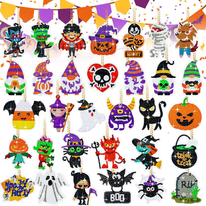 Bucherry 32 Pieces Halloween DIY Diamond Key Chain Halloween Diamond Art Ornaments Rhinestone Pendant Hanging Decor for Halloween DIY (Scary Style)