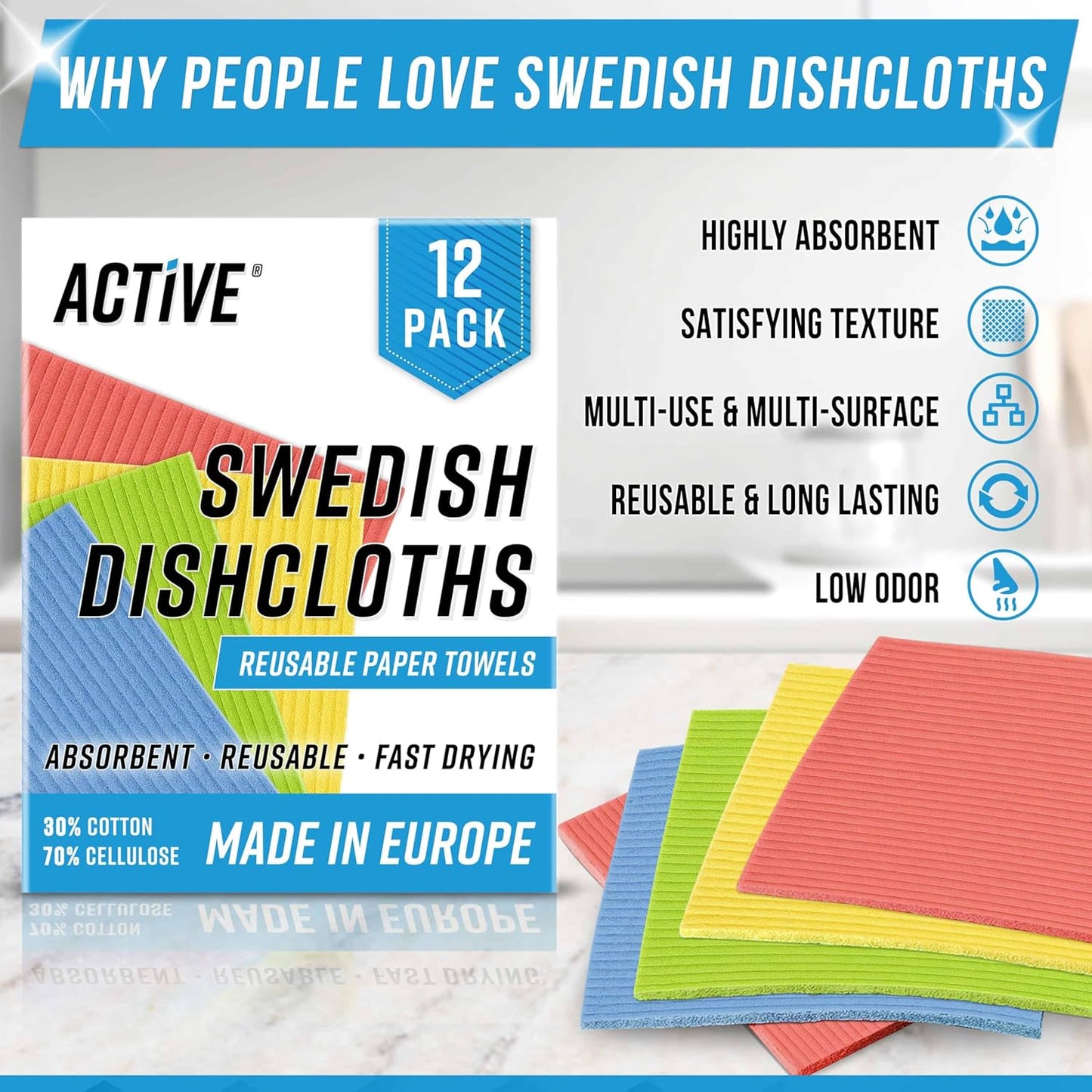 12 Pack ACTIVE Swedish Dish Cloths for Kitchen Cellulose Sponge Cloth, Washable Dishcloths for Washing Dishes, Original