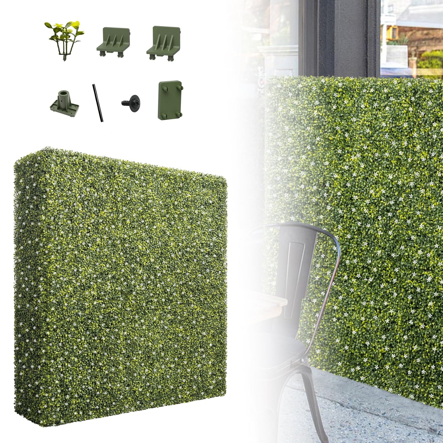 PATIOBREEZE 54" Wx54 Hx6 D Artificial Boxwood Hedge Wall with White Flowers, Greenery Privacy Screen Faux Grass Backdrop Room Divider for Indoor Outdoor Office Patio Garden Party Decoration