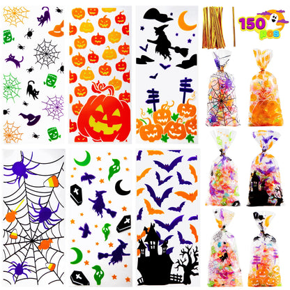 JOYIN 150 PCS Halloween Cellophane Candy Bags, Clear Treat Bags with Twist Ties, Halloween Trick or Treating Goodie Bag, Non Candy Cookie Bag Bulk for Kids Classroom Party Favors Supplies in 6 Design