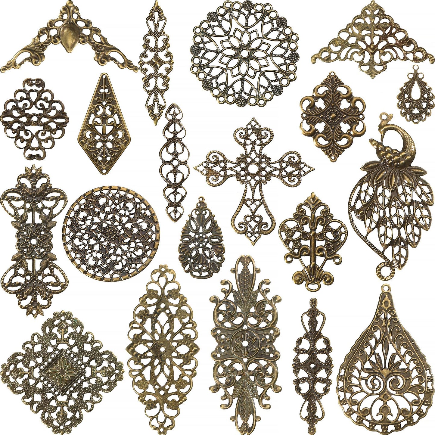 Luinabio 120 Pieces Filigree Connectors Charms Pendants Decoration Tibetan Metal Filigree Findings Embellishments for DIY Hairpin Necklace Earring Jewelry Making(Bronze,Fresh Style)